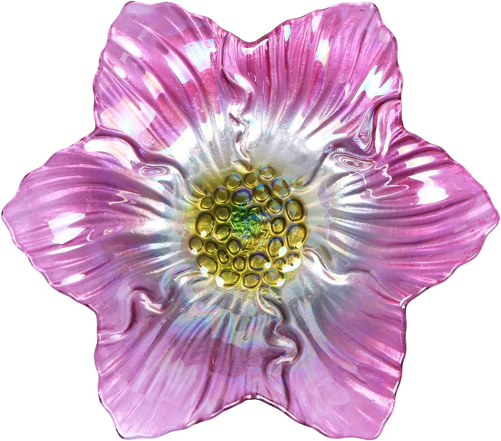 Outdoor Bird Bath Glass Birdbath Garden Birdfeeder with Metal Stake Pink(Height:26inch)