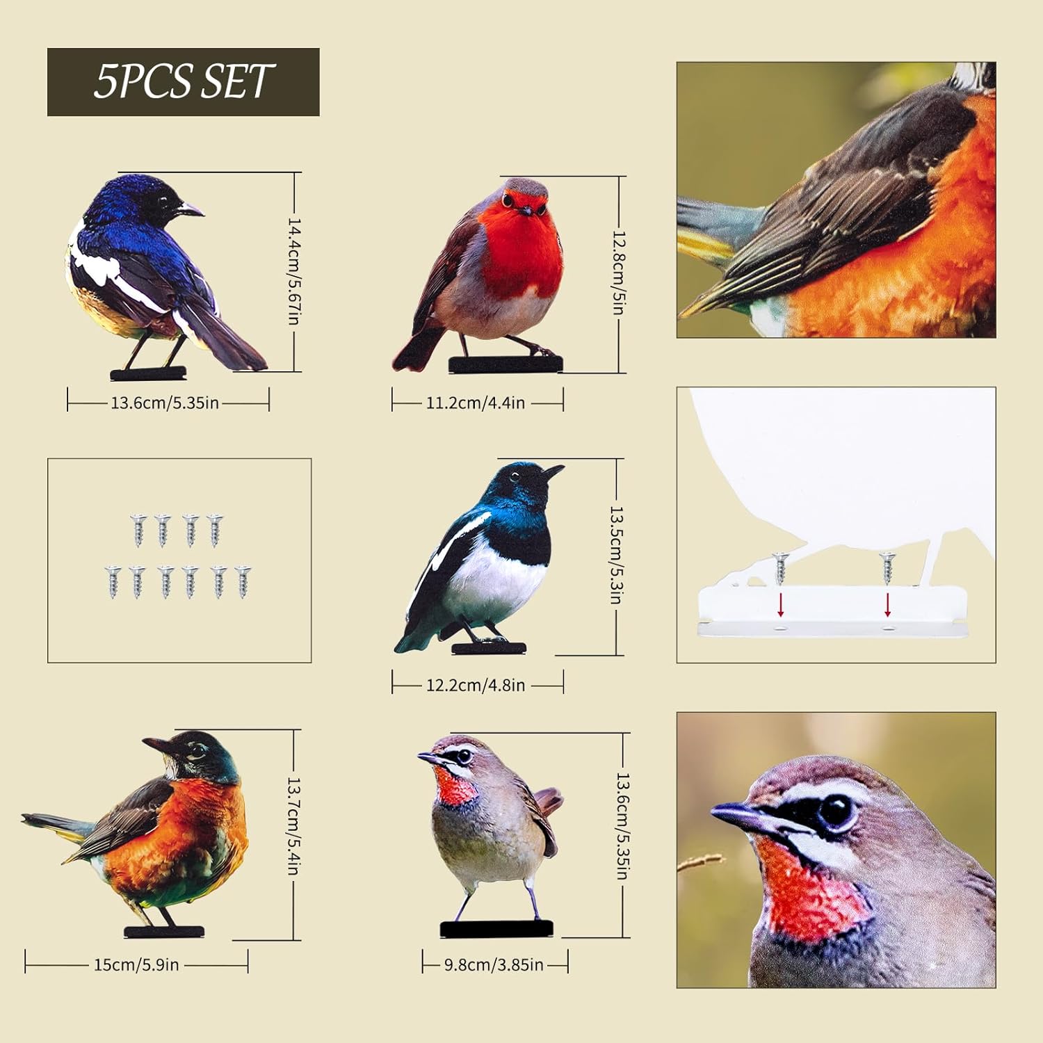 HUYIENO 5PCS Vivid Metal Birds Fence Decor Color Painted Outdoor Garden Natural Bird 2D Sculptures for Outdoor Fences, Patio, Garden and Bird Lovers