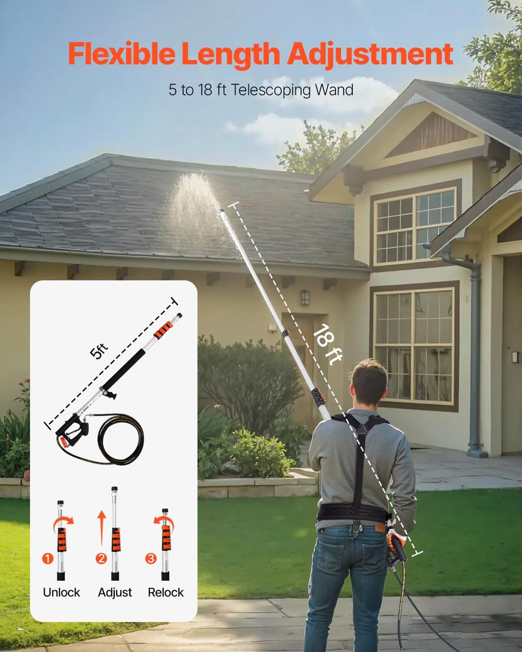 VEVOR Pressure Washer Telescoping Wand, 18 ft, 4000 psi, Telescopic Spray Wand with Power Washer Extension Wands, Gutter Cleaner, Brush Head, 5 Spray Nozzle Tips, Adapter and Adjustable Support Belt