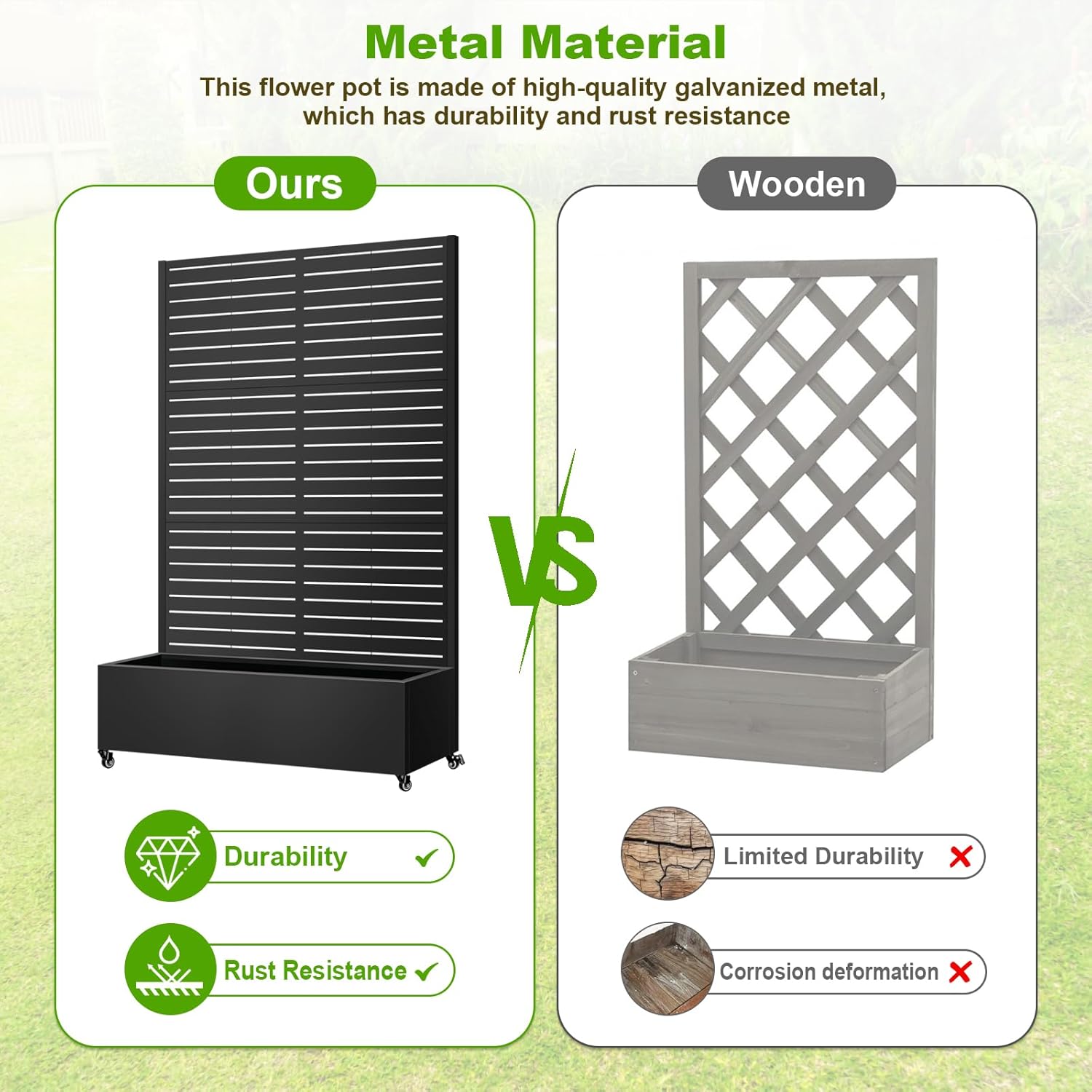 Metal Planter Box with Trellis, 72"x47"x16" Metal Raised Garden Bed with Trellis, Trellis Planter Box with Drainage Holes & Lockable Casters for Climbing Plants, Vegetables, and Vines