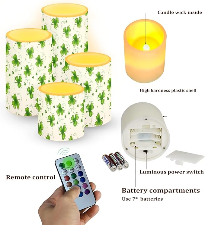Flameless Light Candles for St Patricks Day Decorations, Battery Operated Candles Color Changing Timer Remote Control Pillar Candles Tealight St. Patrick Gift Accessories, Green Grass Print