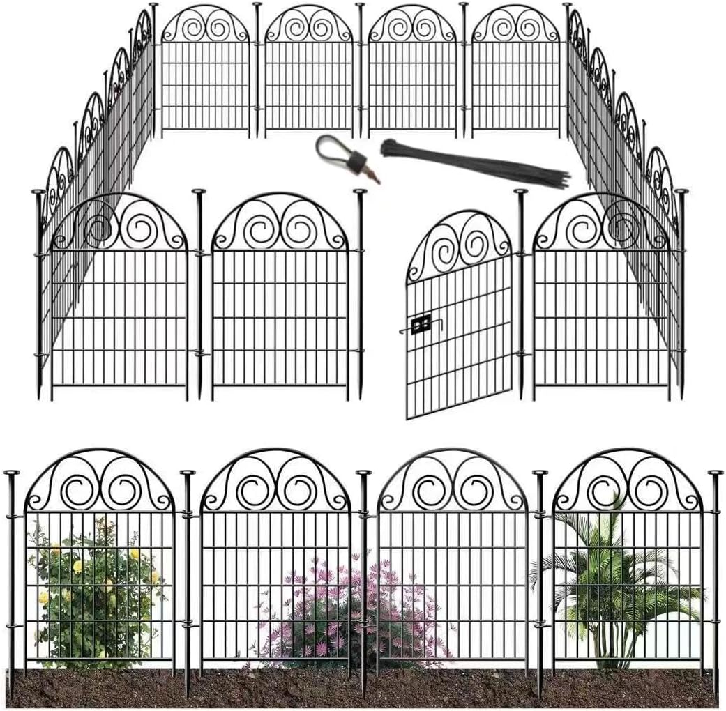 Tall Garden Animal Barrier Fence with Gate, 36 in(H)×30.6 Ft(L) 14 Panels Dog Digging Fence Barrier, Black Heavy Duty Metal Temporary Fences, Reusable Defense Fencing for Outdoor Yard│Patented