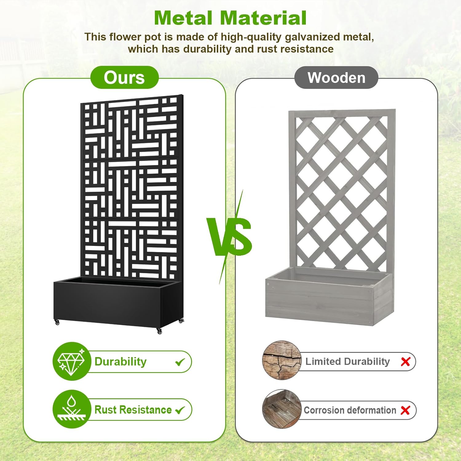Metal Planter Box with Trellis, 72"x35"x16" Metal Raised Garden Bed with Trellis, Planter Box with Drainage Holes & Lockable Casters for Climbing Plants, Vegetables, and Vines