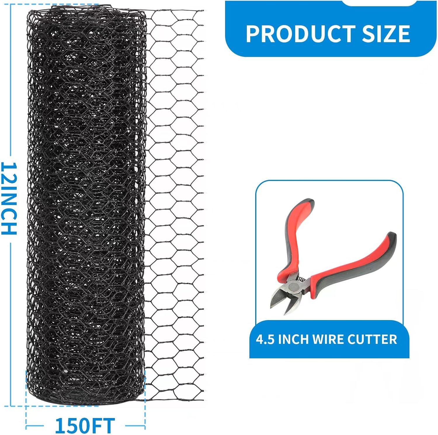 12'' x 150' Black Chicken Wire Mesh Fence, 20 Gauge Galvanized Poultry Netting and 1 inch Garden Mesh Fence Roll, Chicken Wire for Floral Arrangements/Crafts/Farm/Livestock/Pet Protection