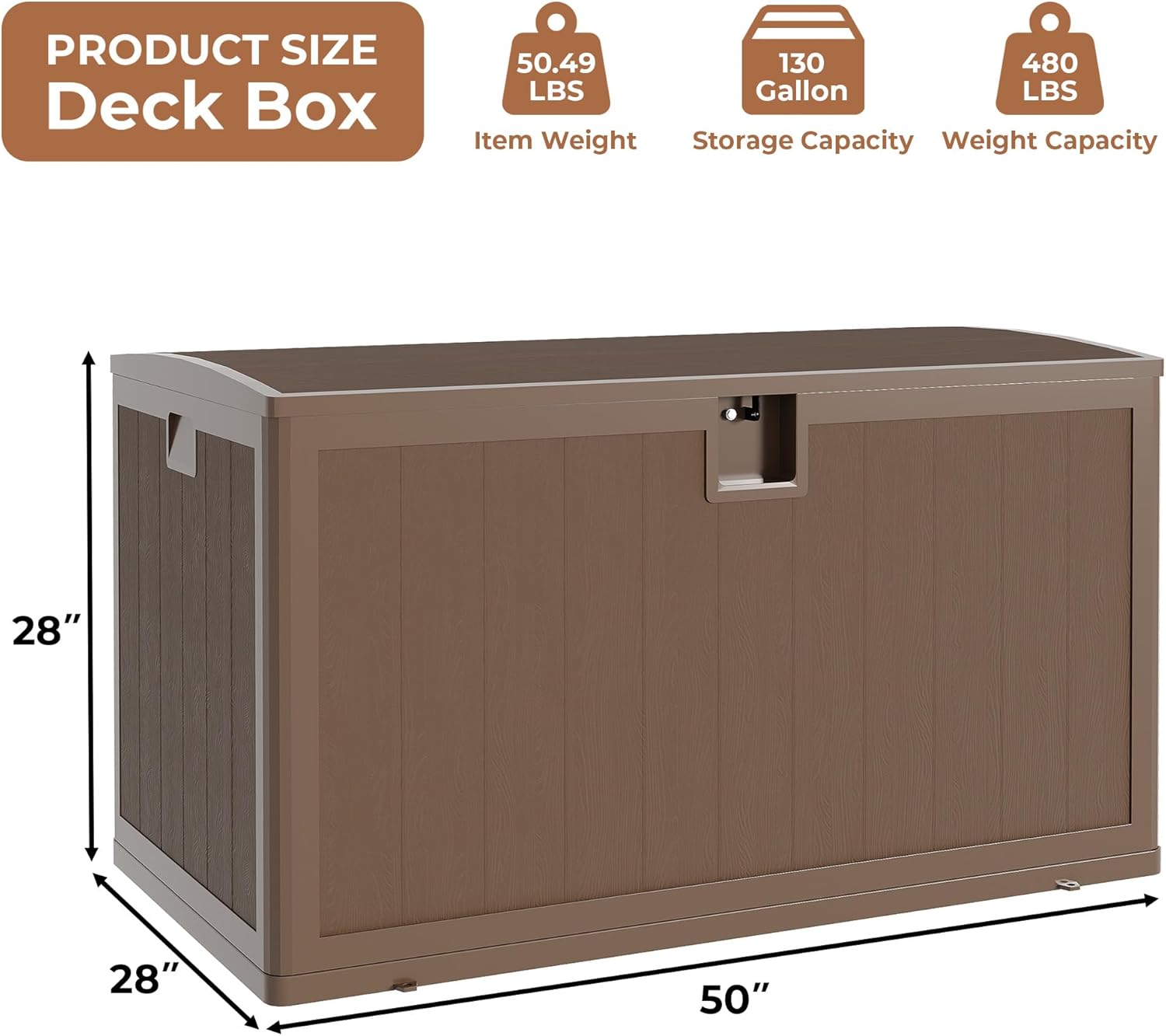130Gallon Brown Resin Deck Box, Outdoor Storage Box Waterproof Lockable, Patio Deck Box For Package Delivery, Outside Storage Box Container for Furniture Cushions, Garden Tools, Pool Accessories