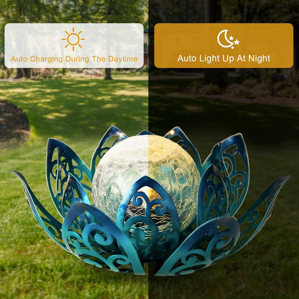 Bshine Solar Outdoor Garden Lotus Decorative Light, Waterproof Metal Cracked Glass Globe LED Lotus Light for Tabletop Decor, Walkway, Lawn Ornaments and Garden, Housewarming Gift (Blue)