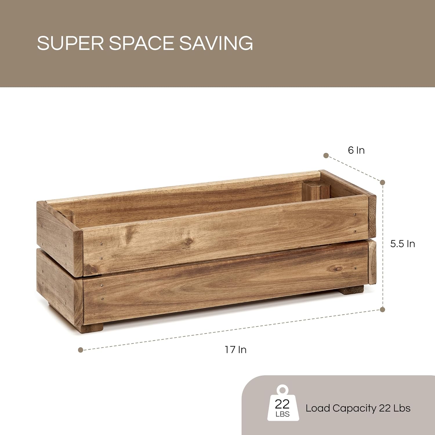 Wooden Planter Box, Storage Box 17”L x6”W x5.5”H with Crate Style, Acacia Wood Flower Container, Rustic Rectangle Planter for Planting, Decor and Storage - 3 Colors (Natural)