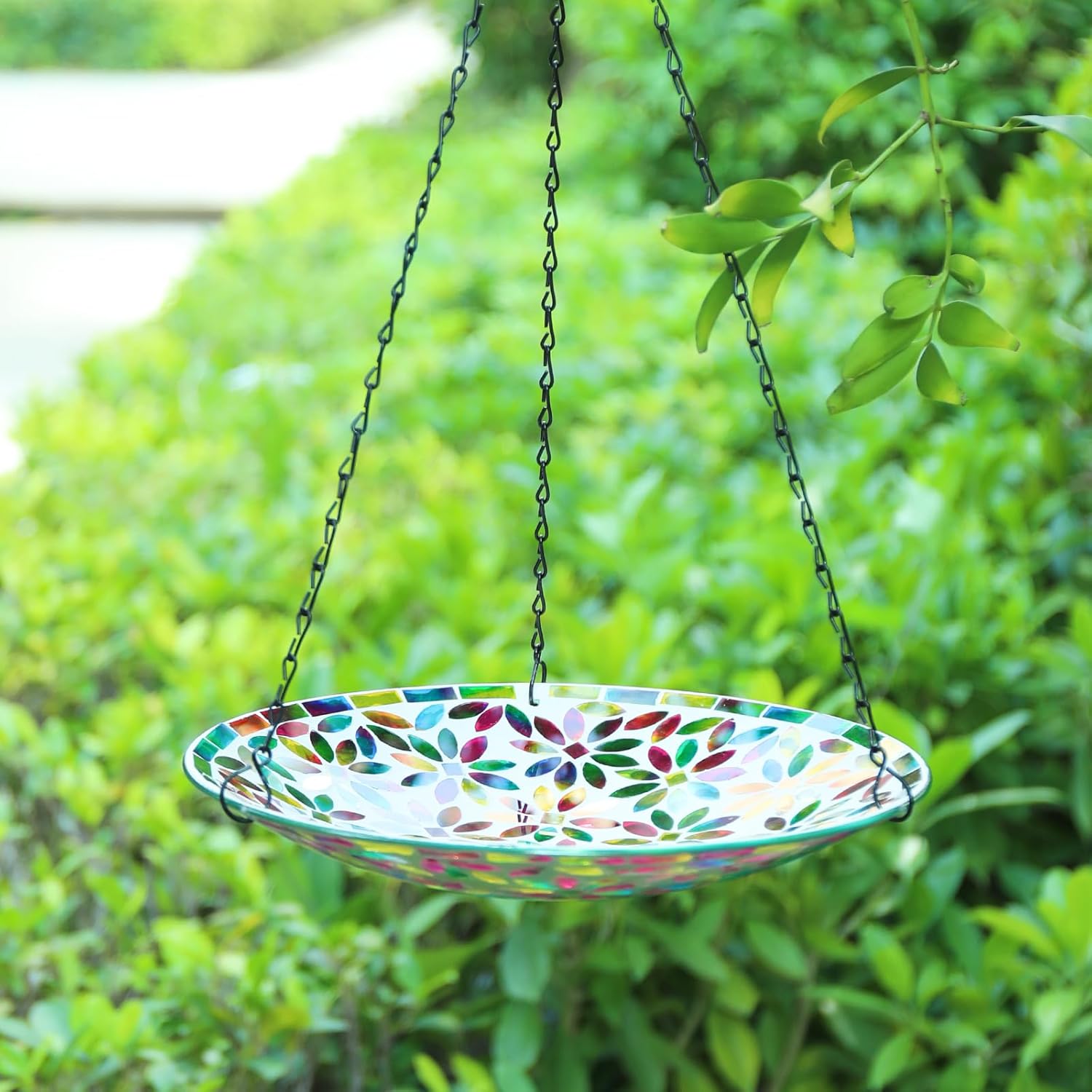 MUMTOP Mosaic Hanging Bird Bath-Bird Baths for Outdoors - 12 Inch Glass Birdbath Bird Water Bowl Bird Feeders for Outside, Garden, Lawn Yard Decor（Colorful Flower）