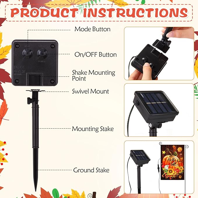 12 Pcs Solar Seasonal LED Garden Flags 28 x 40 Inch Double Sided Yard Flags Spring Easter Halloween Fall Thanksgiving Day Decorations Welcome Garden Flag Lawn Yard Outdoor Holiday Decoration