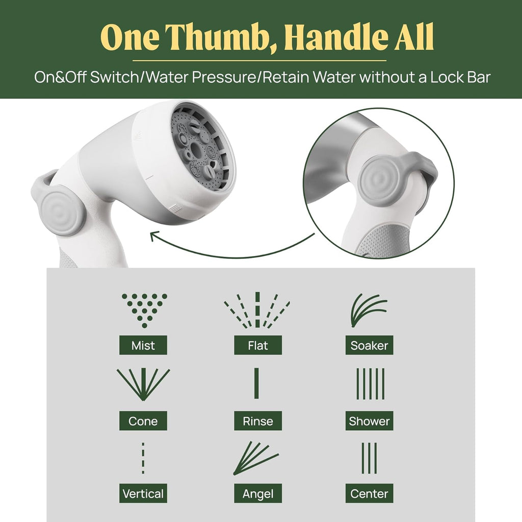 Vego Garden Hose Nozzle - 9 Spray Patterns, Metal, Thumb Control, On/Off Valve, High Pressure Heavy Duty Water Hose Spray Nozzle for Gardening, Lawn Care, and Cleaning Tasks-Cloud White