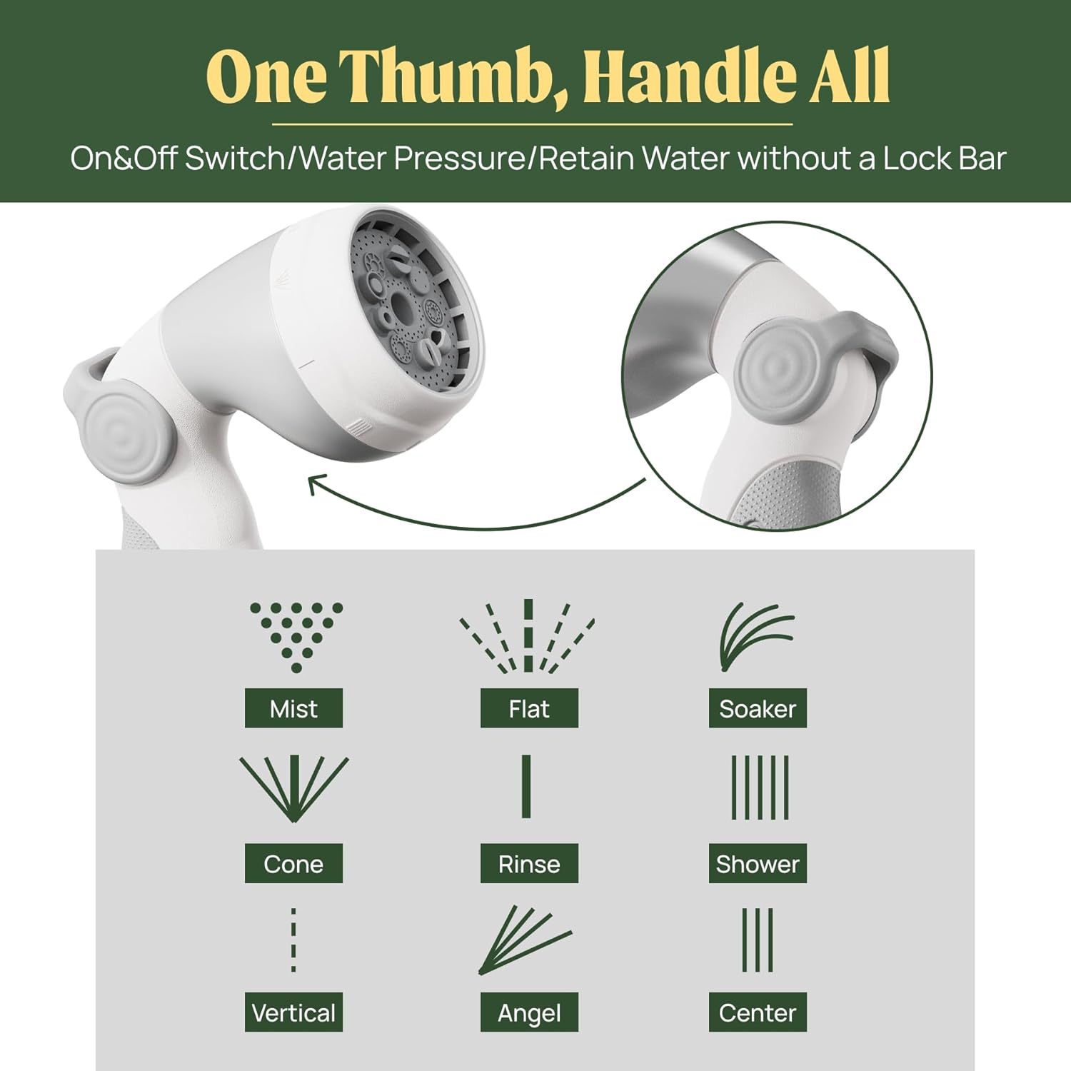 Vego Garden Hose Nozzle - 9 Spray Patterns, Metal, Thumb Control, On/Off Valve, High Pressure Heavy Duty Water Hose Spray Nozzle for Gardening, Lawn Care, and Cleaning Tasks-Cloud White