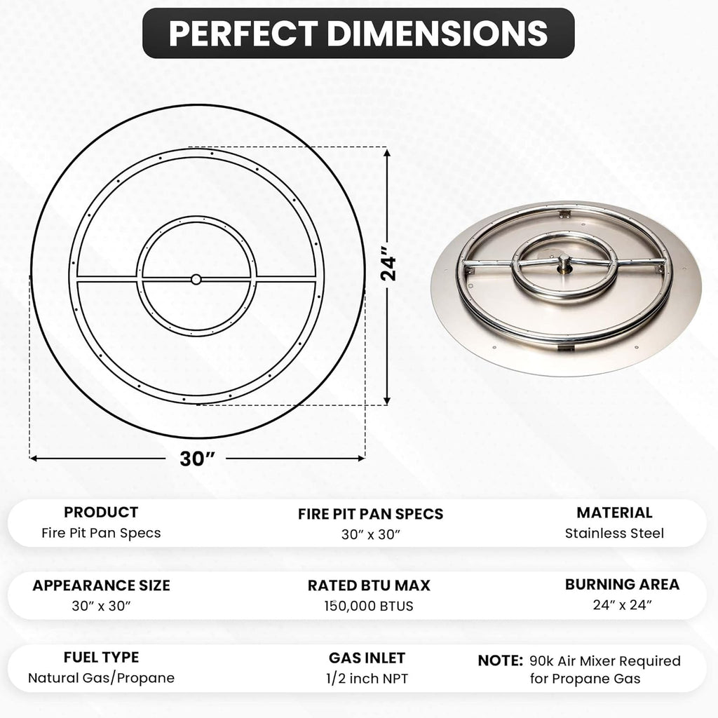 Stainless Steel Fire Pit Burner Pan & Ring, Works with Liquid Propane or Natural Gas, 30-Inch Pan, 24-Inch Ring, 150,000 BTU Max