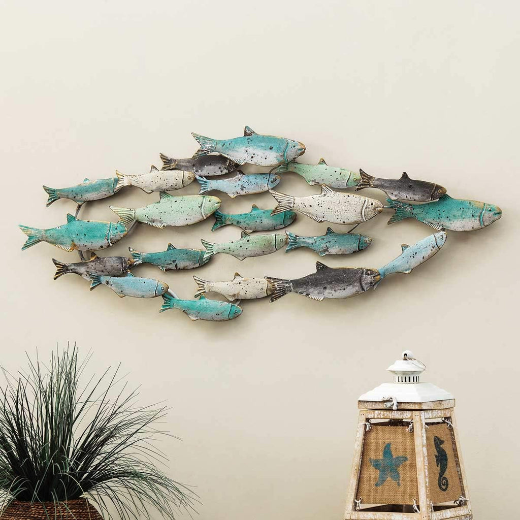 BLACK FOREST DECOR Distressed School of Fish Wall Décor - Coastal Blue Metal Wall Art - 39.5" W x 14" H
