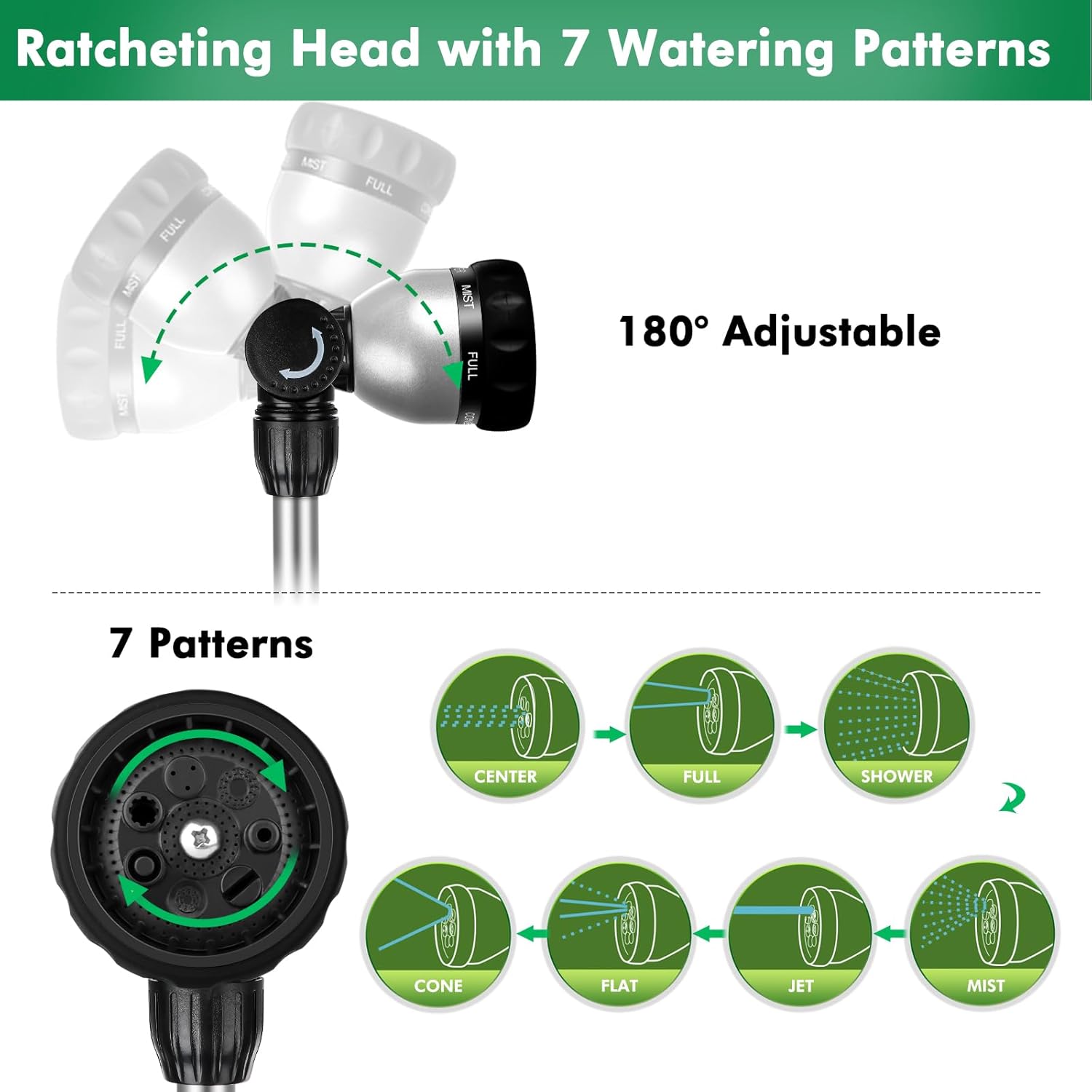 RESTMO Metal Watering Wand, 36”-60” Long Telescopic Tube | 180° Adjustable Ratcheting Head | 7 Spray Patterns | Flow Control, Perfect Garden Hose Sprayer to Water Hanging Baskets, Shrubs, Black