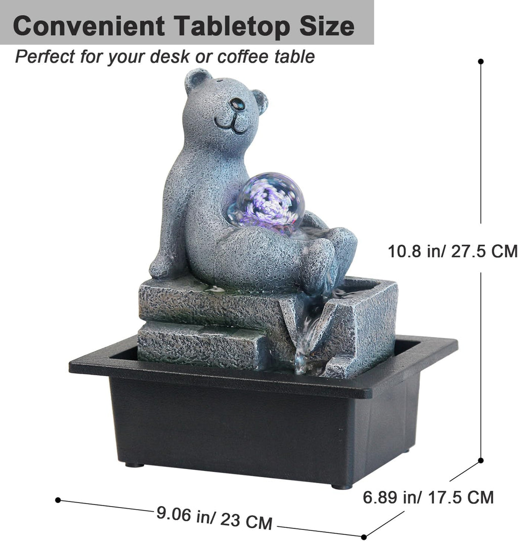 Cascading Rock Tabletop Fountain, Cute Bear Indoor Waterfall Fountain with Colored LED Lights and Rolling Ball, 3 Tiered Desktop Fountain for Office Home Bedroom