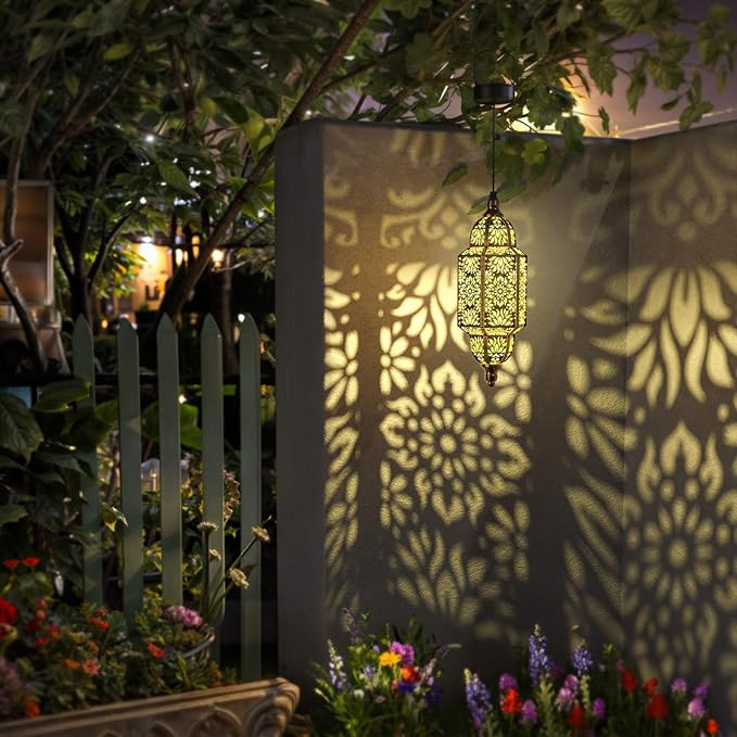 Twinkya 2 Pack Hanging Solar Lights Outdoor Garden Decorative Solar Lantern Waterproof Metal Moroccan Outdoor Decorations for Patio Pathway Yard Porch Backyard Garden Decor (Gold, 2 Pack)