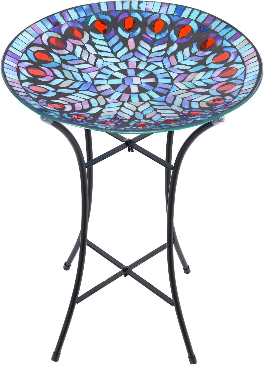 MUMTOP Mosaic Glass Bird Baths, 14 Inch Width Outdoor Garden Peacock Bird Bath Bowl with Metal Stand, Unique Glass Birdbaths Bird Feeder for Yard Decor, 19.68 Inch Height