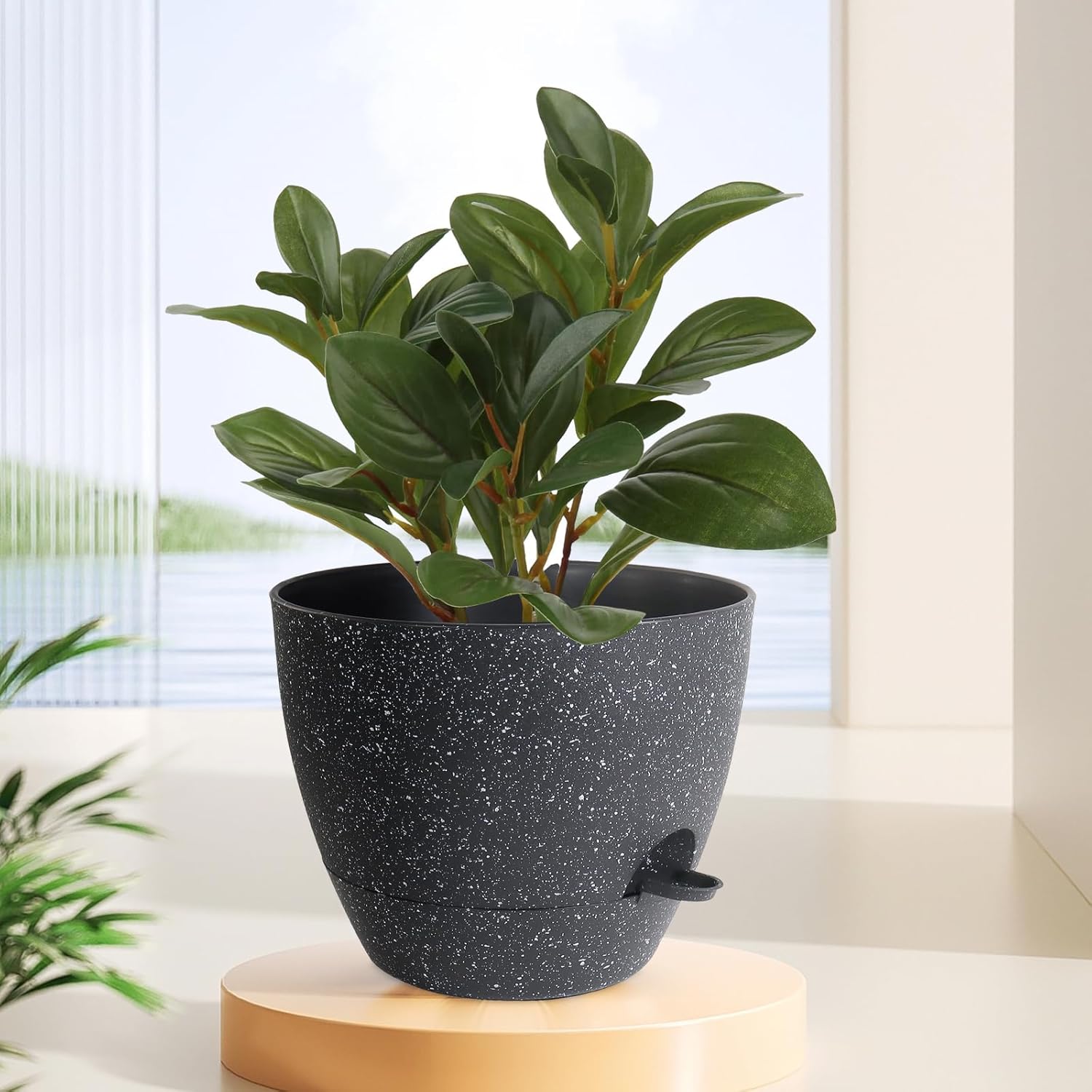 12 inch Large Self Watering Pots, Planter, Plant Pots with Mesh Drainage Holes for Indoor Outdoor House Plants and Garden, Plastic Flower Pots with Deep Reservoir, Speckled Black