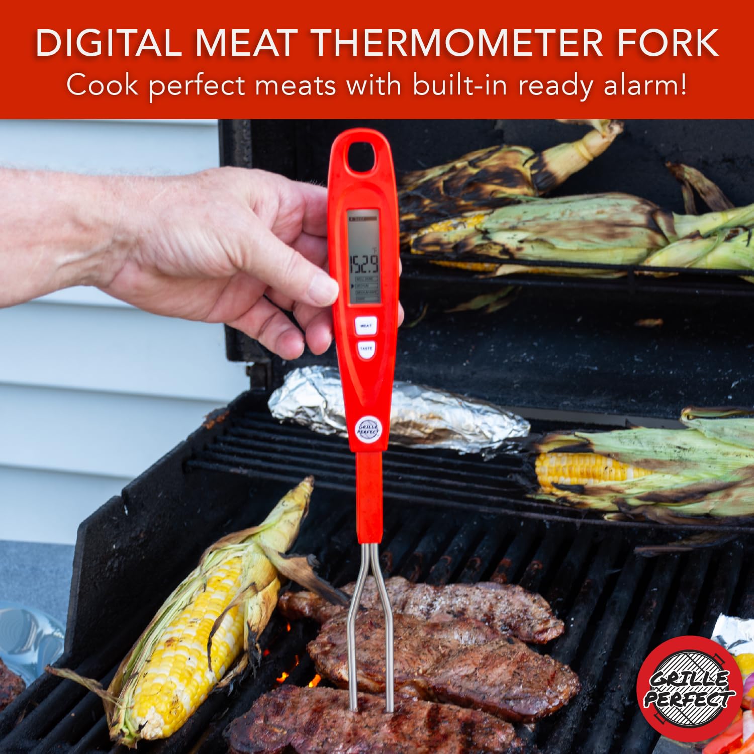 Digital Meat Thermometer Fork for Grilling & BBQ with Ready Alarm, Pro Temp Points for Quick Accurate Temperature on Steak, Pork, Chicken & Hot Grilled Food on Patio or Outside Kitchen