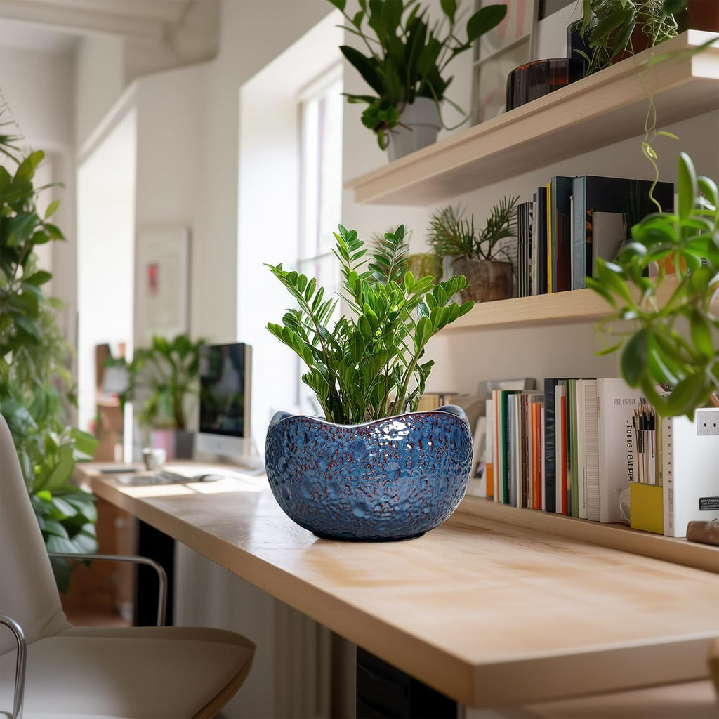 10 Inch Plant Pot - Ceramic Planter for Indoor Outdoor, Round Bonsai Pots, Decorative Flower Pots with Drainage Hole, Modern Unique Planters, House Decor, Home Gifts, Retro Blue