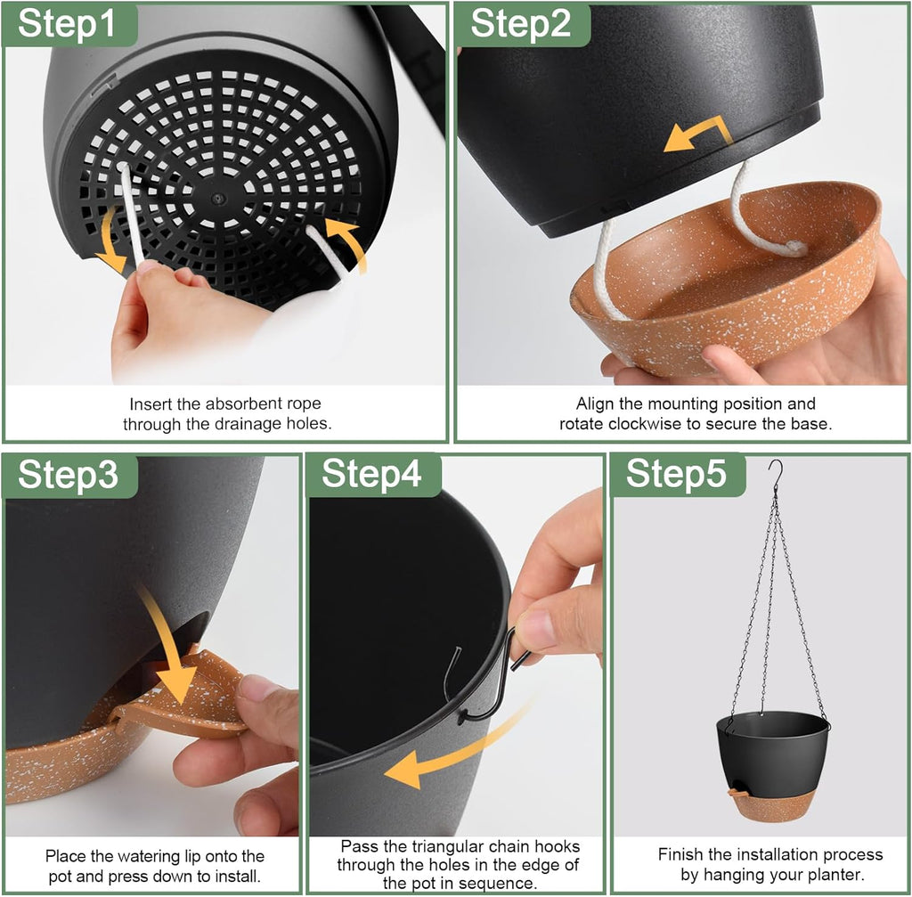 3 Pack Hanging Planter Indoor Outdoor Flower Pots 7/6.5/5 Inch, Self-Watering Hanging Pot with Drainage Holes Hanging Baskets Holder Plant Pots for Garden (Black)