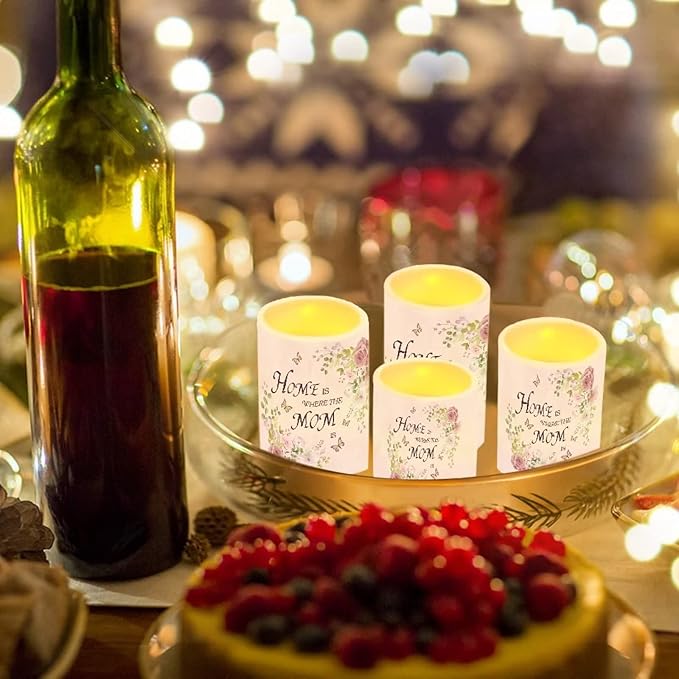 Mother's Day Decor Flameless Light Candles 4 PC, Home Is Where The Mom Is, Battery Operated Candles with Colorful Light Timer Remote Control Fake Tealights Home Ornaments, Pink Rose Butterfly