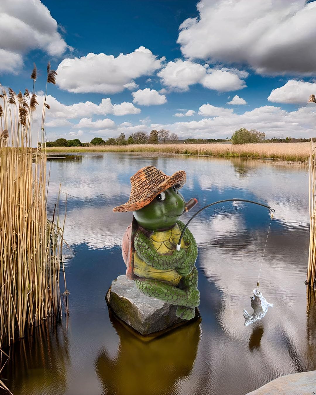 9.5" Turtle Fishing Statues- Whimsical Stone Look Lawn Yard Art, Funny Garden Pond Fisherman Sculpture, Resin Animal Decor, Ideal for Garden Enthusiasts & Turtle Fishing Lovers