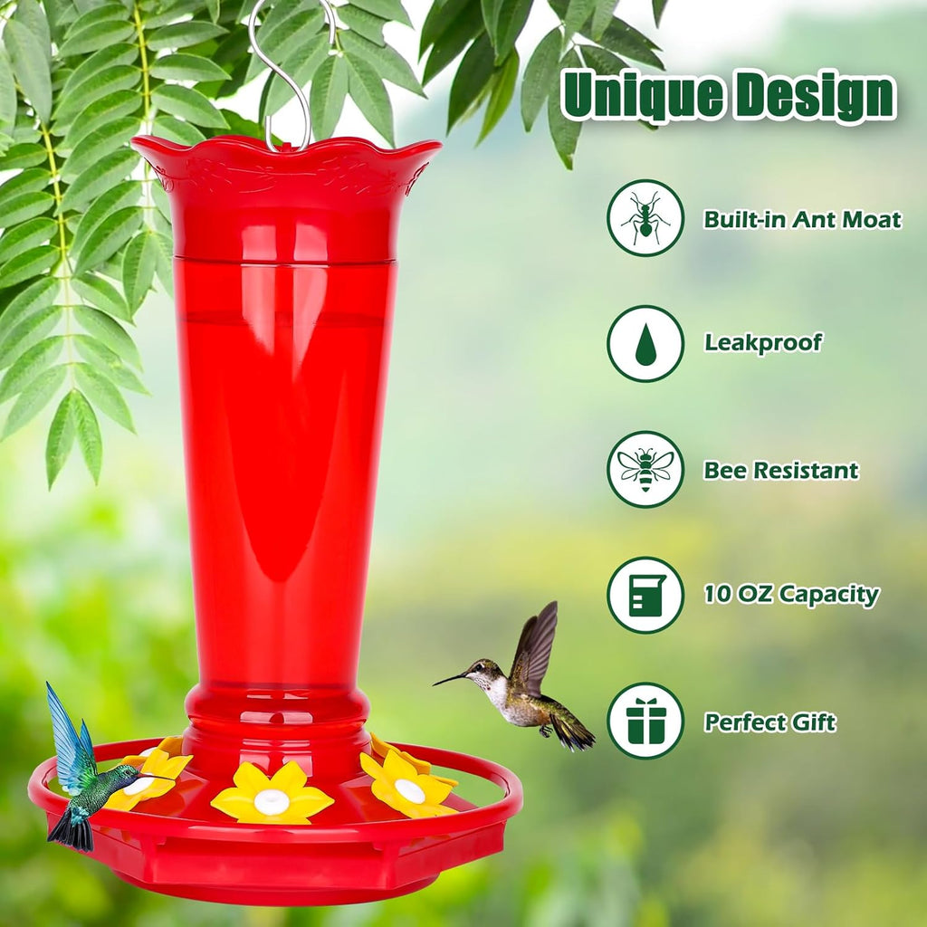 FEED GARDEN 10oz Plastic Hummingbird Feeders for Outdoors - 1 Pack Red, Ant & Bee Proof, 6 Feeding Ports, Easy Clean Red Nectar Feeders for Outside Hanging, Gifts for Mom