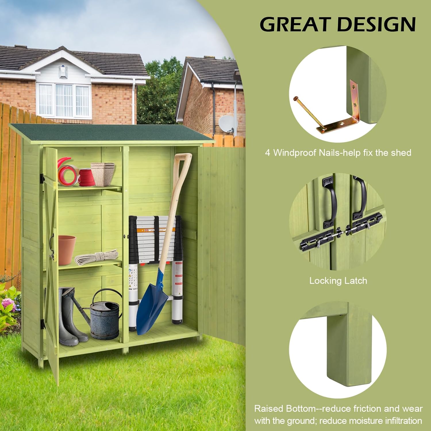 Outvita Outdoor Storage Cabinet with Waterproof Roof, Double Lockable Doors Garden Shed with 2 Removable Shelves, Wooden Storage Shed with Large Storage Space for Yard Garge Patio Deck Porch（Green）