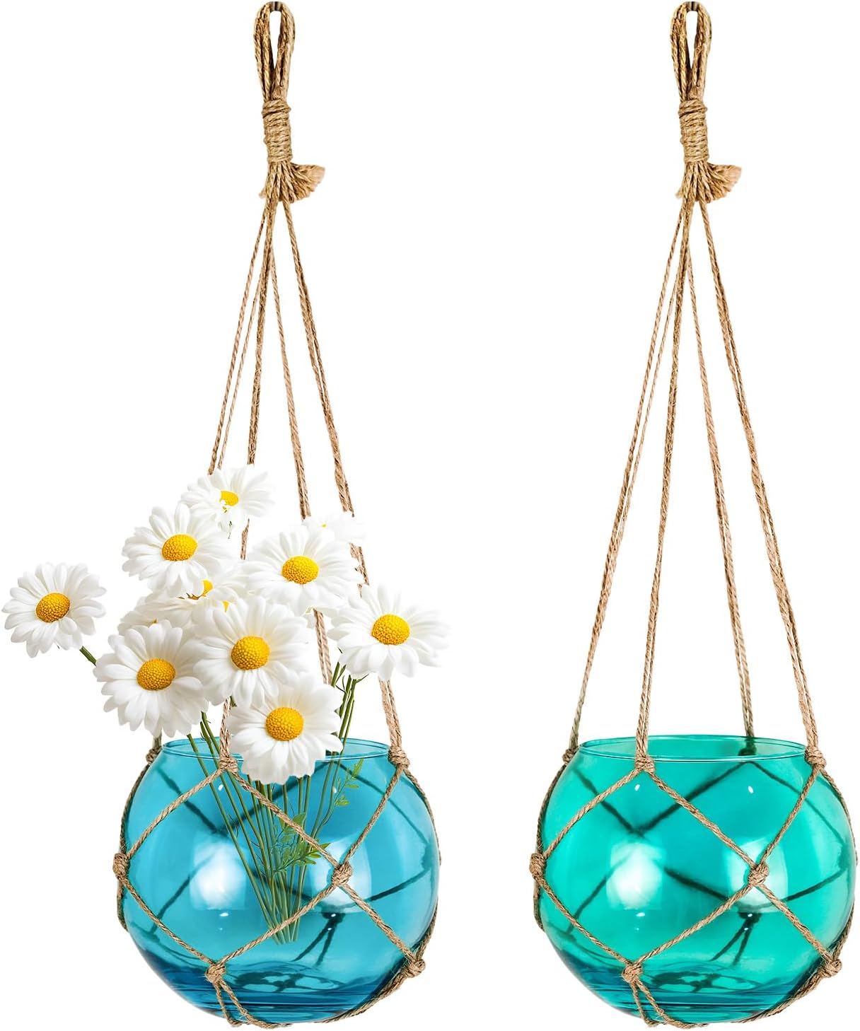SAILINGSTORY Hanging Glass Plant Terrarium 5" Glass Planter Propagation Stations Flower Vase Blue and Teal Set of 2 Pack