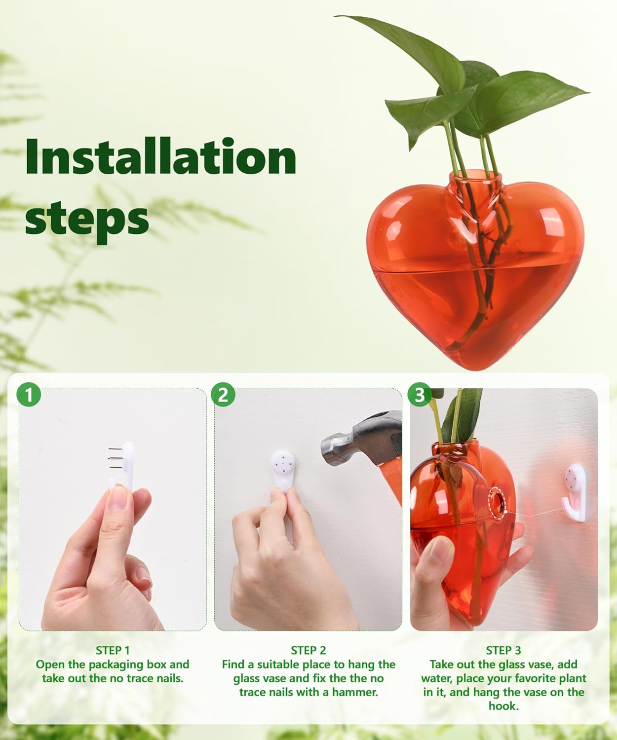 Nacome Wall Hanging Glass Planter Terrarium Plant Propagation Station, 4 Pack Heart Shape Vase for Hydroponic Home Office Garden Decor,Unique Gardening Gifts for Plant Lovers Women Mom(Orange)