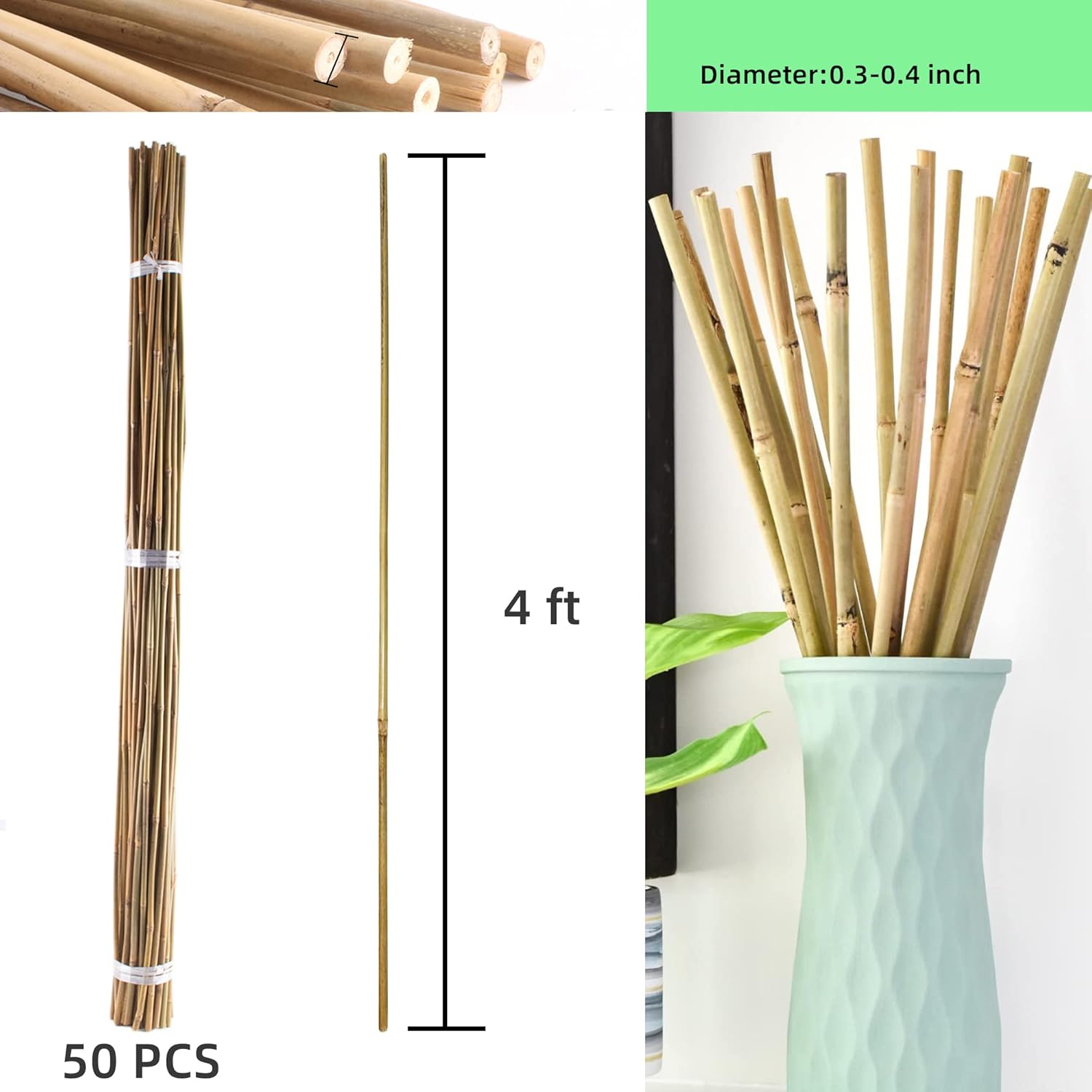 0.32”-0.4"/ 4 Feet Garden Stakes, Natural Bamboo Sticks Plant Stakes for Indoor and Outdoor Plants，Poles for Tomatoes, Beans, Potted Plants(50Pcs)