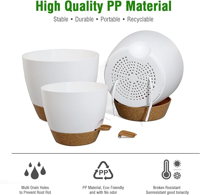 10/9/8 inch Self Watering Pots, Set of 3 Plastic Planters with Mesh Drainage Holes and Deep Reservoir for Indoor Outdoor Garden Plants and Flowers, White with Brown