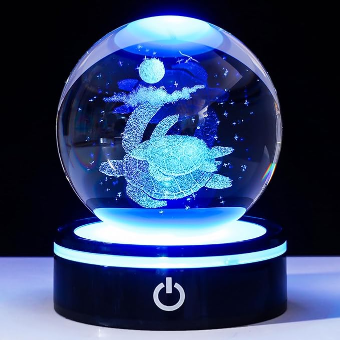 YWHL 3D Sea Turtle Crystal Ball Figurine with LED Base Laser Sea Turtle Gifts for Women Men on Christmas Birthday Decorative Turtle Ball Sea Turtle Glass Globe Night Light for Home Decor (80mm)