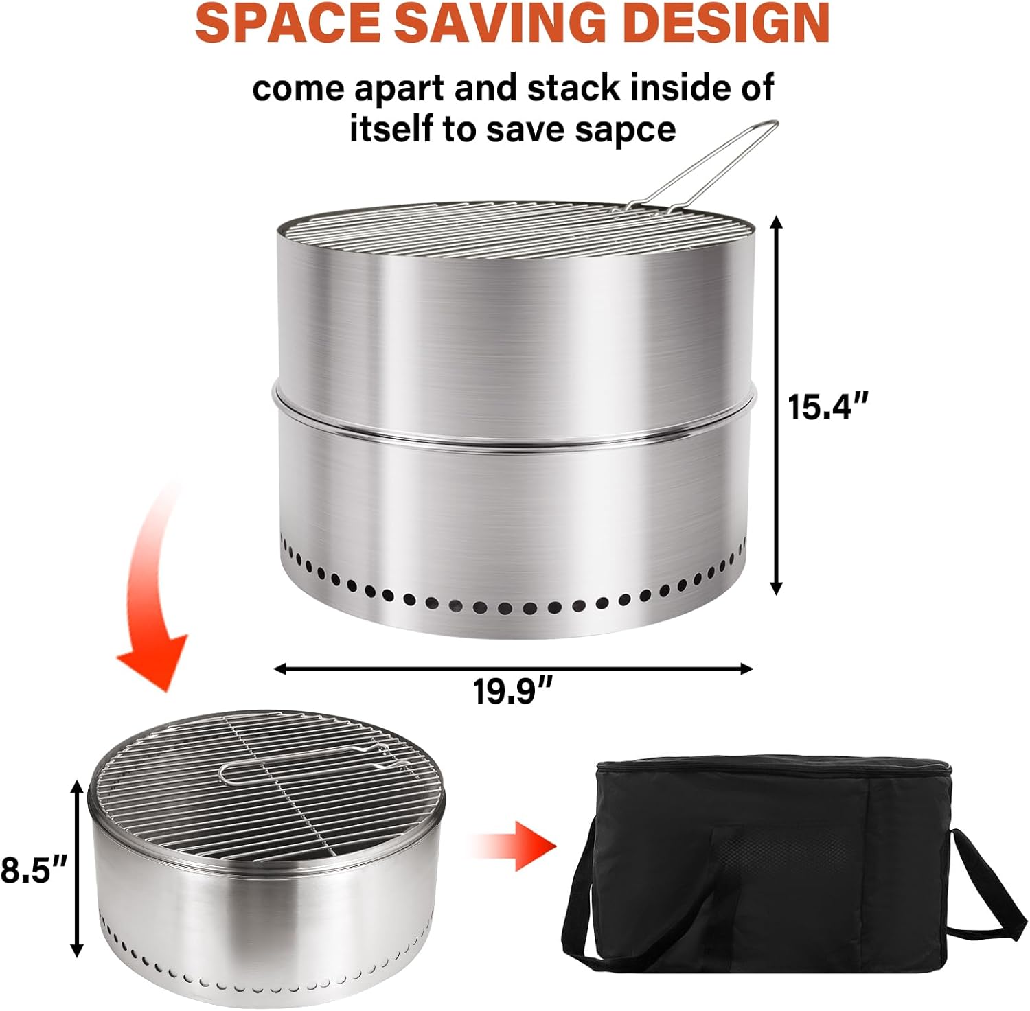 HGD 20 Inch Smokeless Firepit with Grill, Portable Wood Burning Fire Pit for Camping & Backyard, Stainless Steel Outdoor Fireplace with Travel Bag, Easy Setup & Compact Storage - Foldable Design