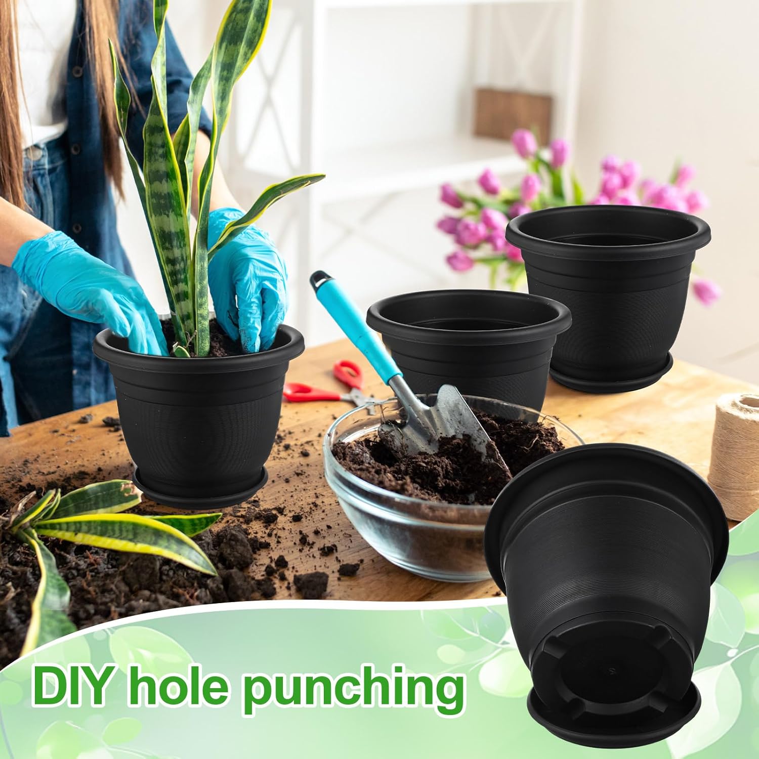 12 Pack 8+'' Plastic Plant Pots Round Planter Pots with Saucer Tray Seedling Pot Hole Seed Resin Plant Pot Starting Nursery Flower Container with Pallet for Garden Outdoor Indoor(Black)