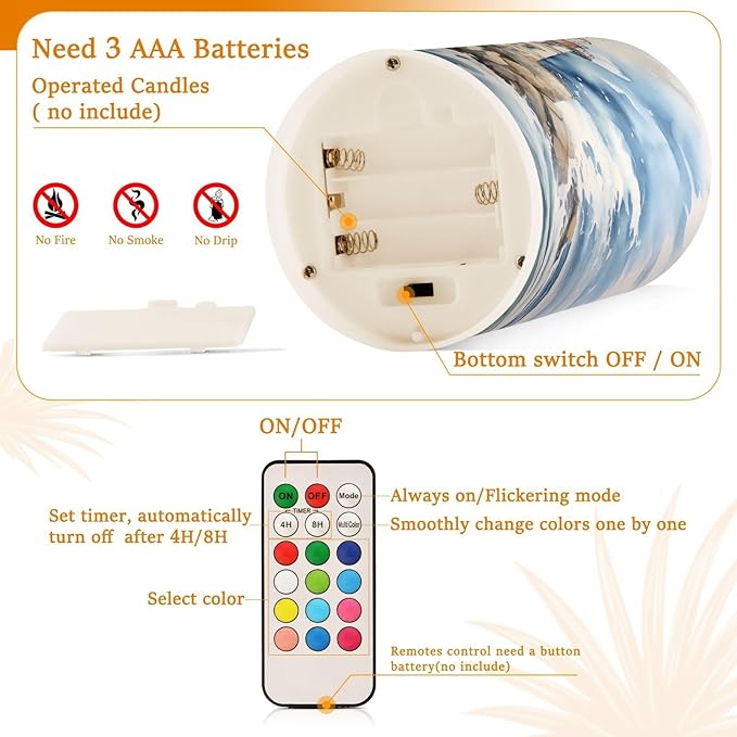 Flickering Flameless Candles, Lighthouse Ocean LED Candles with Remote Timer, Set of 2 Battery Operated Candle for Valentine Wedding Birthday