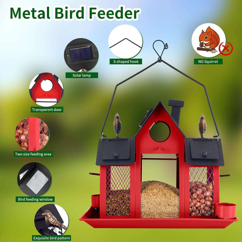 Solar Bird Feeders House for Outside Hanging, Metal Wild Bird Feeder for Outdoors, Large Cardinal Bird Feeder Birdhouses Squirrel Proof (Red)