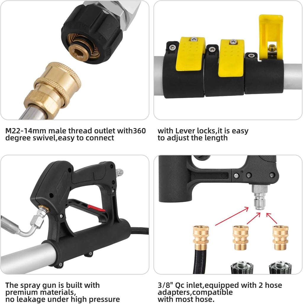 18 FT Telescoping Pressure Washer Wand with Power Washer Extension Wand, Gutter Cleaner Attachment, 5 Spray Nozzle Tips and 2 Hose Inlet Adapters