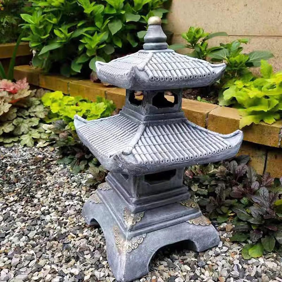 Outdoor Zen Garden Lantern - 2 Tier Pagoda Garden Statue, Stone Lantern, Japanese Style for Zen Lawn Garden Decoration and Christmas Ornament (Dark Gray)