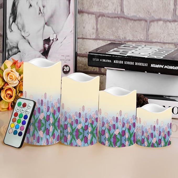 Ystardream Purple Tulips Flameless Candles with Timer Led Candles Flickering 4 Candle Sets for Home Decor,18 Key Remote Control，Dancing Flame, True Wax, Battery Power