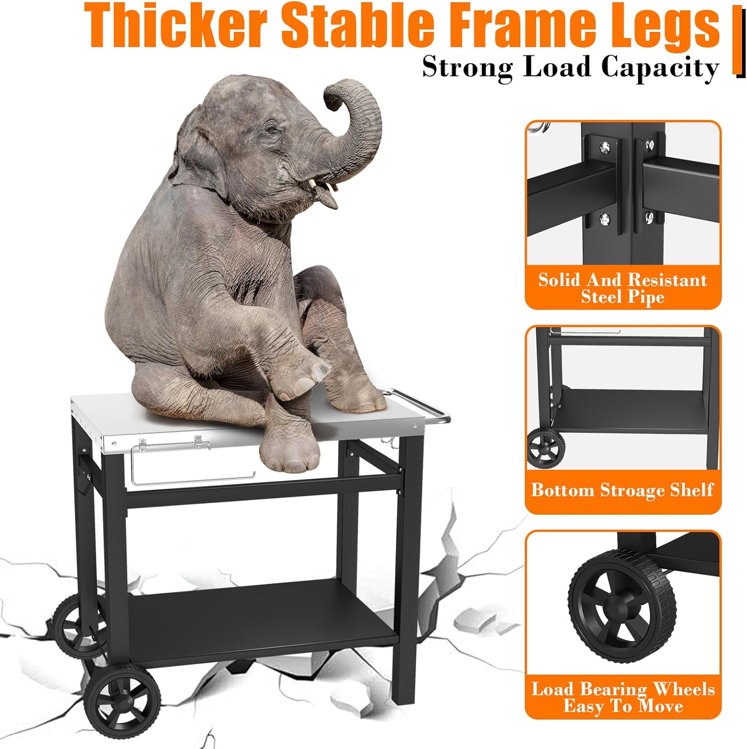 Outdoor Grill Table, Movable Dining Cart, Pizza Oven Table Stand, Double-Shelf Grill Stand, Food Prep and Work Cart with Wheels, Hooks, Fits for Blackstone Ninja