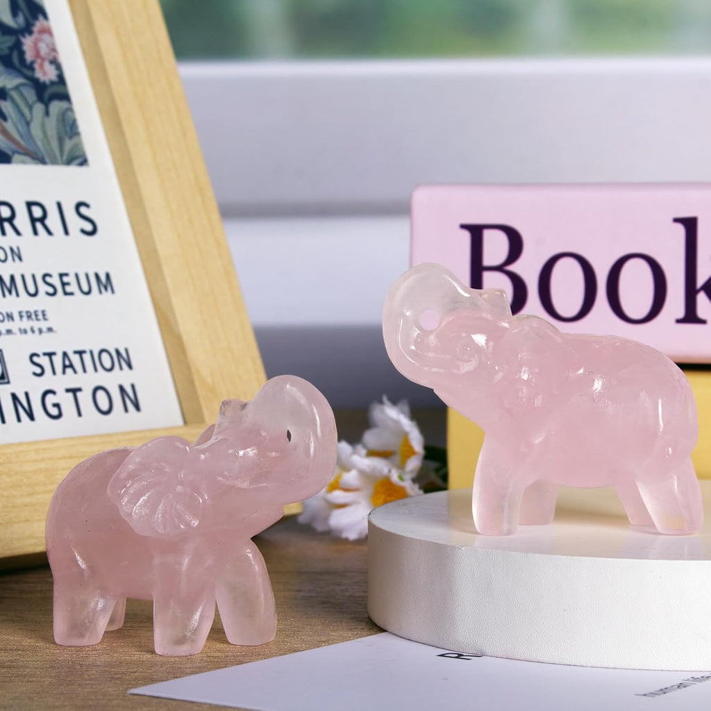 2 Inch Rose Quartz Crystal Elephant Sculpture Handcrafted Healing Stone Animal Figurine Spiritual Home Decor Lucky Charm Gift for Wealth Success Positive Energy and Meditation Lovers