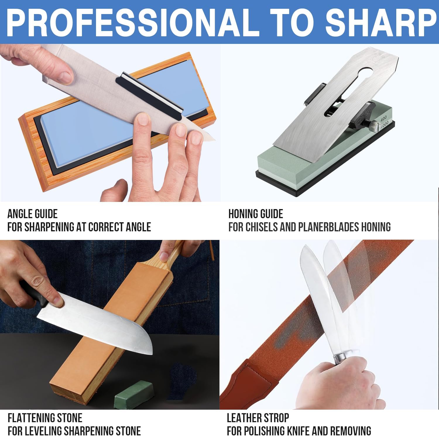 Knife Sharpening Stone Kit - Whetstone Dual Grit 400/1000 3000/8000 Premium Sharpener Set with Leather Strop, Flattening Stone, Honing Guide, Bamboo Base, Angle Guide, Cut Resistant Gloves