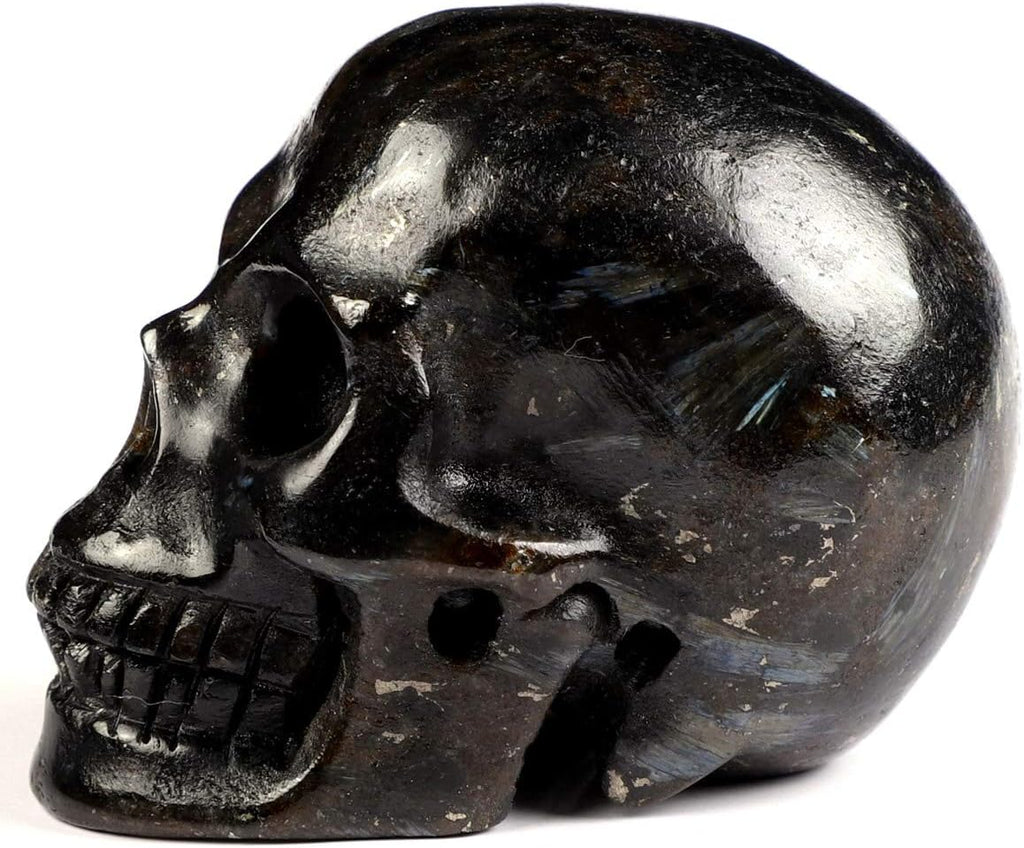 Skullis 2.0” Russian Arfvedsonite Crystal Skull, Hand Carved Gemstone Fine Art Sculpture, Reiki Healing Stone Statue.