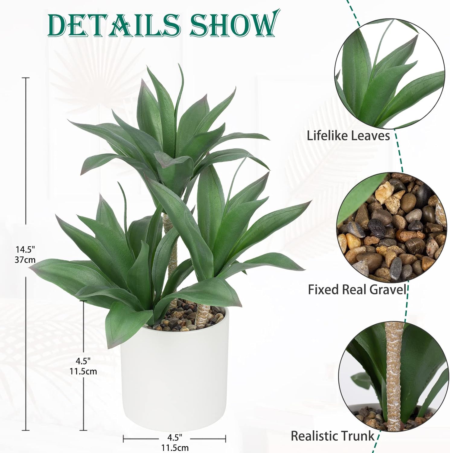 Hollyone Large Artificial Agave Plants Fake Three-Head Agave Succulent Plant Potted 15" Faux Plant in White Pot Succulents Aloe Plant Indoor for Desk Modern Home Decor