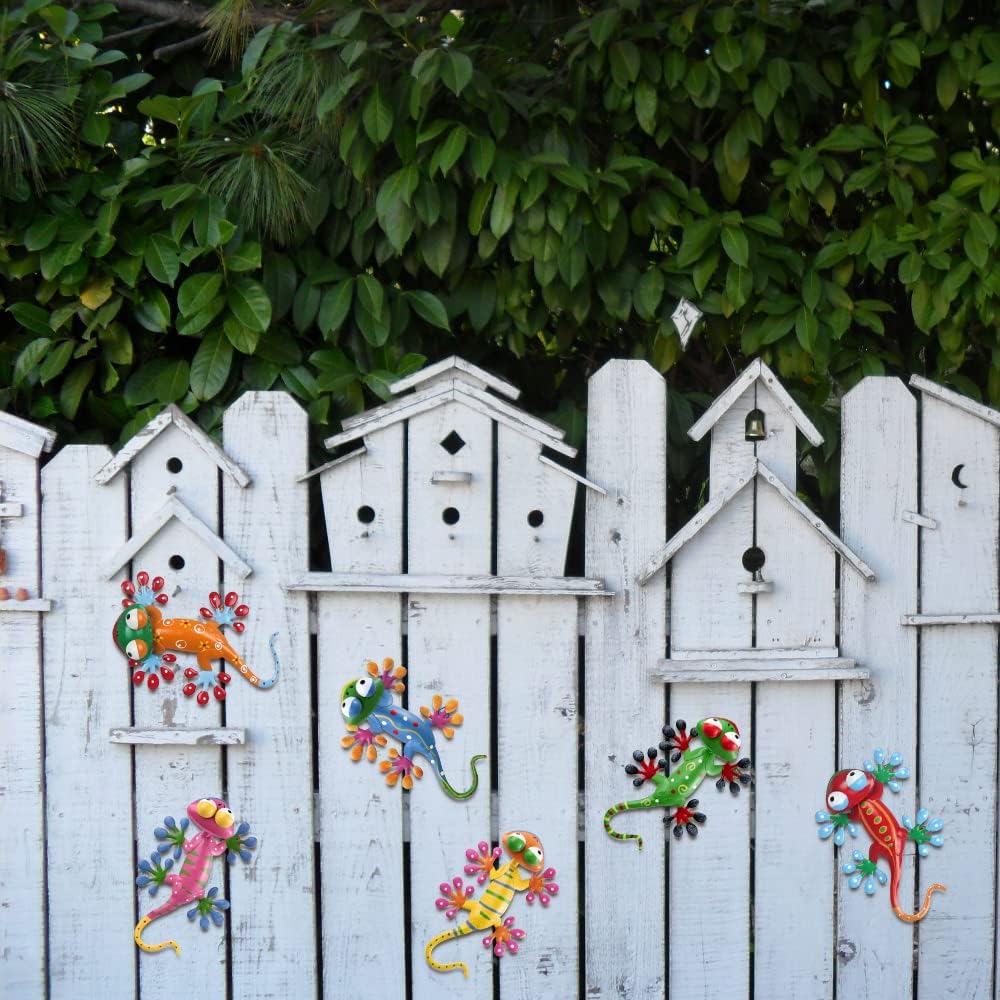 hogardeck Metal Gecko Outdoor Wall Decor, 6 Pack Lizard Wall Art Garden Sculptures & Statues with Free-adjustable Head Outdoor Spring Decor for Front Yard Fence Patio