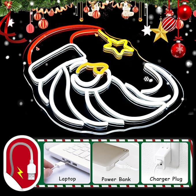 Moon Christmas Santa Neon Sign,Cute Anime Neon Light,Moon Star Neon Sign for Wall Decor,Red Christmas Hat USB Neon Light Sign for Party Store Living Room Bar Door Kids Bedroom Christmas Gift