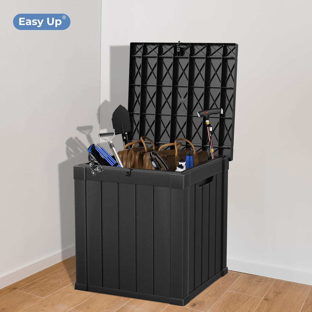 50 Gallon Double-Wall Resin Deck Box - Lockable Waterproof Outdoor Storage Box, 515bs Capacity & Doubles as Seating for Patio Furniture - Garden Tools, Pool Accessories (Black)