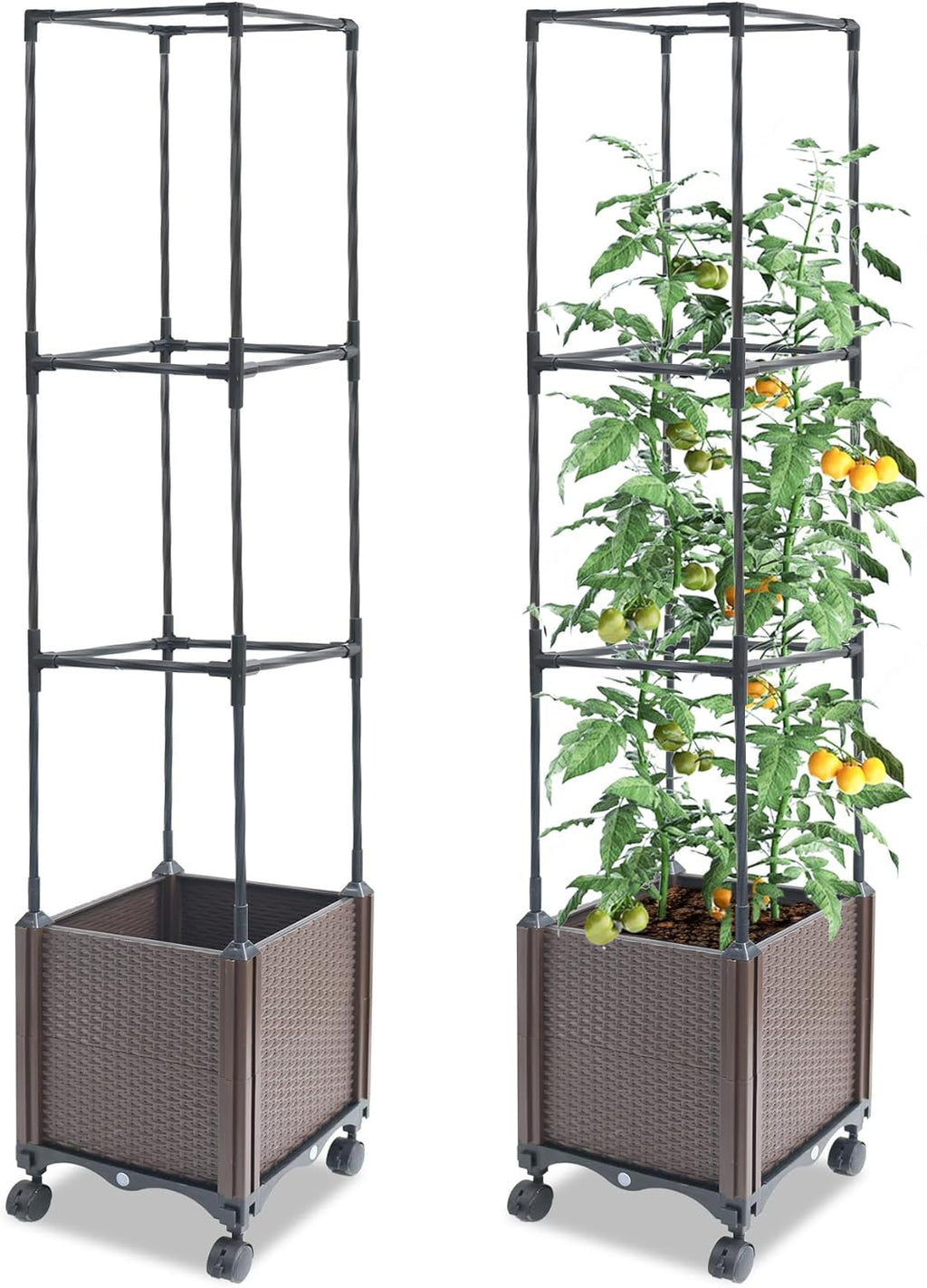 Raised Garden Bed with Tomato Planter Cage,50.4" Self Watering Tomato Planter with Plastic Coating Steel Pipe for Climbing Vine Flowers Outdoor, Tomatoes Cage with Trellis Wheels, 1Pack